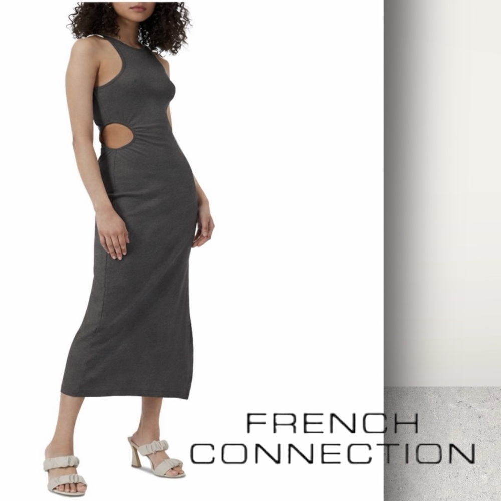 French Connection Rasha Ribbed Cutout Midi Dress | Sleek Sculpted Silhouette |XL